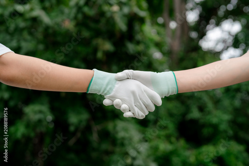 Two people wearing white protective work gloves shaking hands against green natural background. Concept of partnership in environmental volunteer activity, sustainability, unity and cooperation.