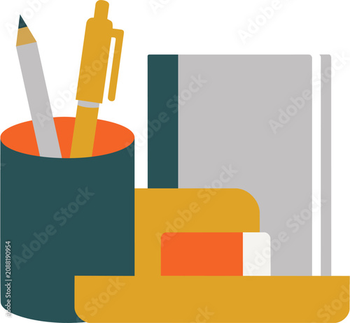 vector illustration of a minimalist desk organizer setup with a pen cup, notebook, and eraser, symbolizing executive workflow efficiency and workspace tidiness.