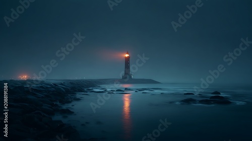 Glowing lighthouse shining at night with reflection on calm dark ocean water