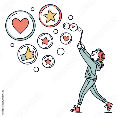 Happy girl blowing bubbles with social media like and star heart reaction icons, feedback