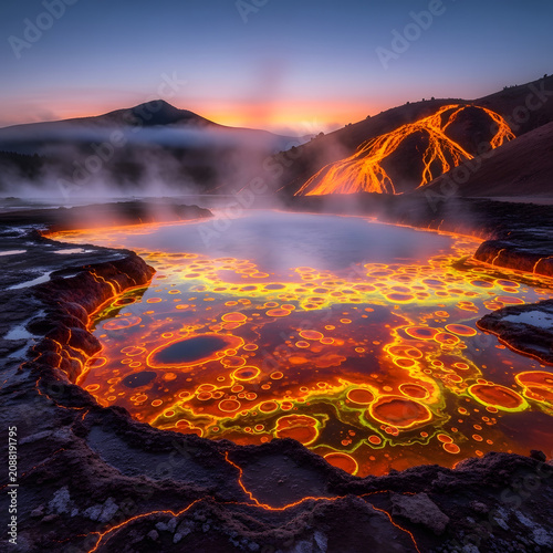 Ethereal Geothermal Landscape with Glowing Volcanic Pools and Molten Lava Flows at Sunrise