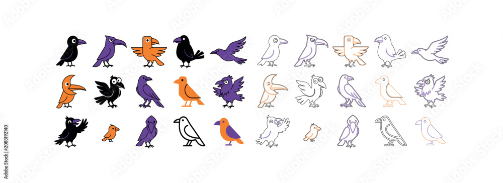 Obraz premium Collection of bird icons in various colors. Set of bird illustrations and silhouettes. Vector graphic design elements.