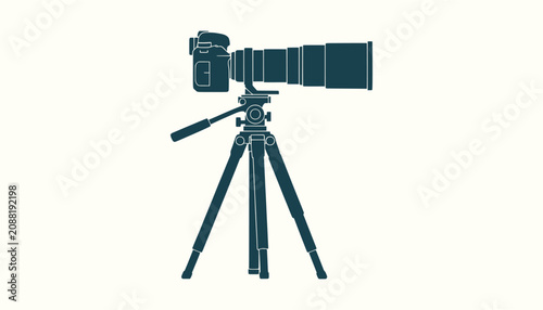 Fotografía Professional DSLR Camera with Large Telephoto Zoom Lens Mounted on Tripod Silhou