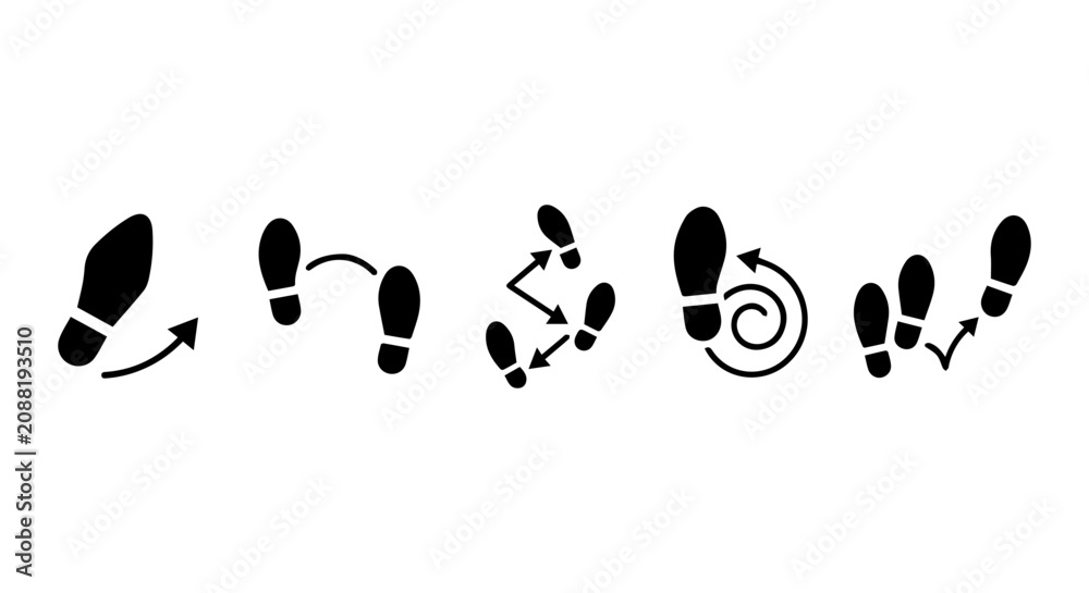 Fototapeta premium Footprint Icon Set, Walking Steps Vector Graphics, Movement Path Symbols, Dance Steps Silhouette