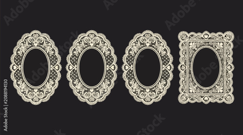 Obraz na plátně Vintage ornate lace frames set, elegant white filigree borders on black backgrou