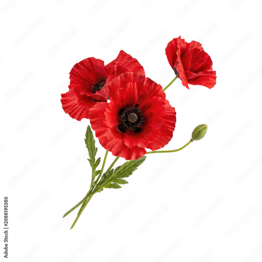 Obraz premium Vibrant red poppies with green stems during soft studio lighting isolated on transparent background