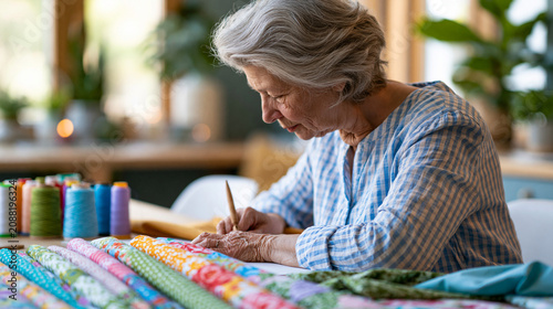 Faceless senior woman working on craft project at dining table in warmly lit home surrounded by colorful fabric and thread, mature creative hobby concept, lifestyle photography,
