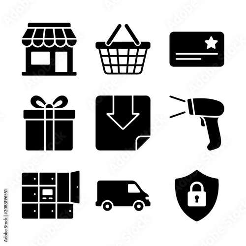 Collection of black e-commerce and delivery featuring a store, shopping basket, credit card, gift box, document, scanner, locker, and truck