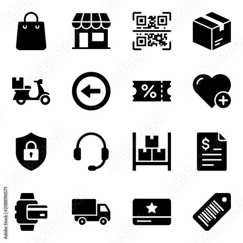 Sixteen black solid illustrating various e-commerce, retail, shipping, and online shopping services and business transaction concepts