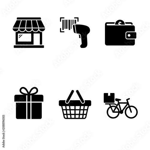 Collection of black e-commerce and retail including a store building, barcode scanner, wallet, gift box, shopping basket, and delivery bike