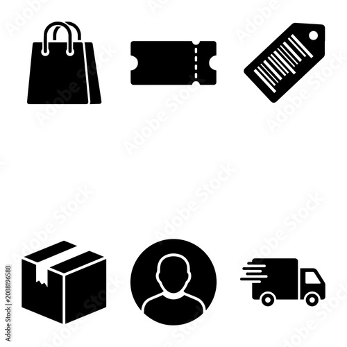 Collection of black e-commerce including a shopping bag, discount ticket, barcode price tag, cardboard box, user profile, and delivery truck