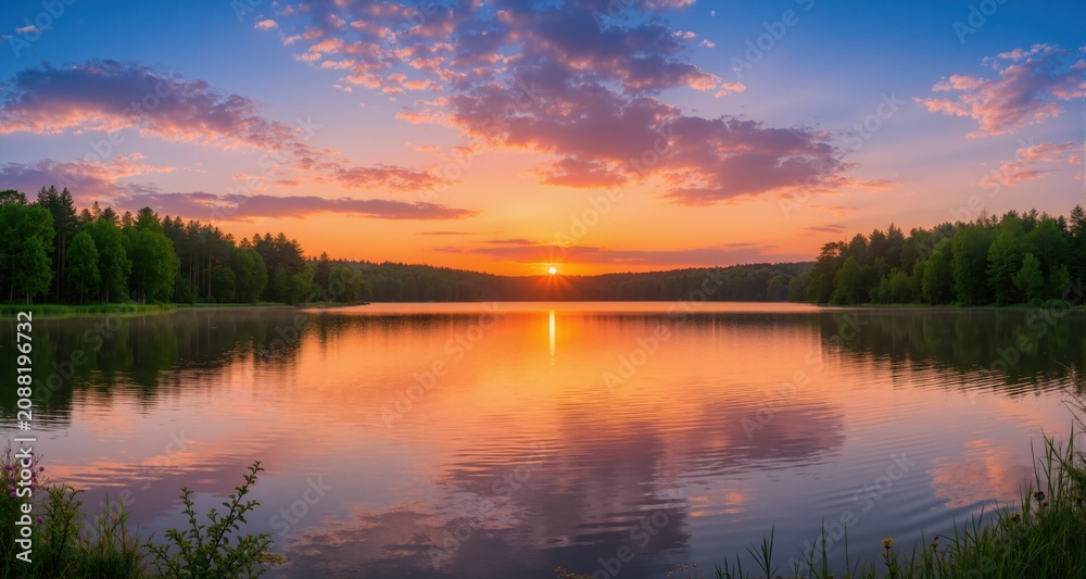 Obraz premium Beautiful summer sunrise over lake - Panorama 