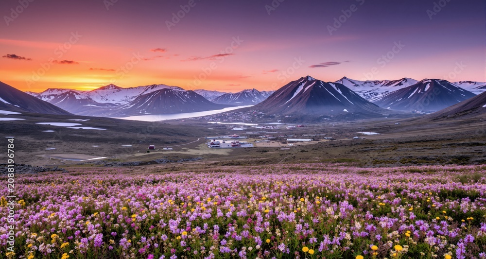 Fototapeta premium Wallpaper norway landscape nature of the mountains of Spitsbergen Longyearbyen Svalbard on a flowers polar day with arctic summer in the sunset 