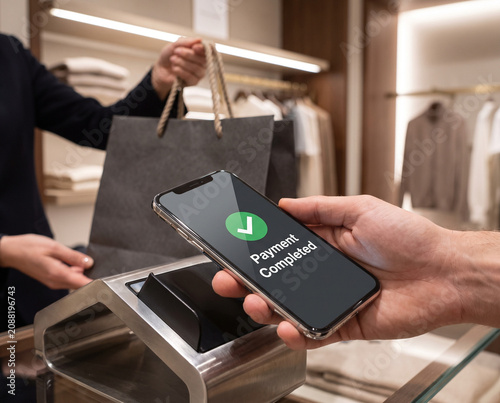 Close Up of Customer Paying with Mobile Phone at Premium Fashion Store Counter with Black Paper Bag, Copy Space
