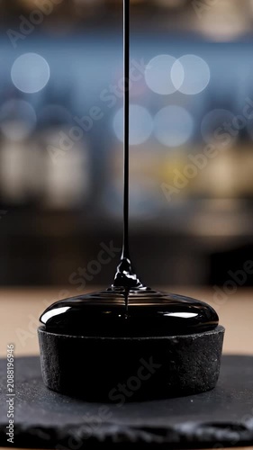 A stream of dark liquid is pouring into a small black bowl on a slate plate in a restaurant.