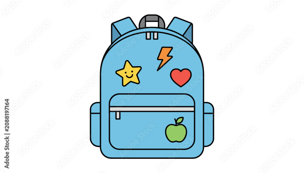 Fototapeta premium Cute blue school backpack with colorful patches of a happy star, lightning bolt, heart, and green apple on a white background.