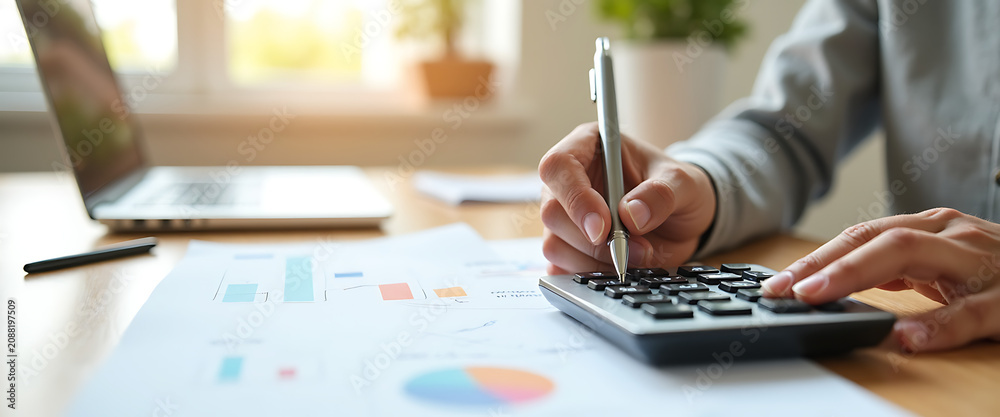 Fototapeta premium Financial analysis with calculator, charts and laptop on office desk, business work.