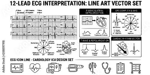12 Lead ECG Interpretation Line Art Black White-P Wave QRS Axis T Wave-Cardiac Rhythm Vector-ECG Icon Line-Cardiology ICU Design Set