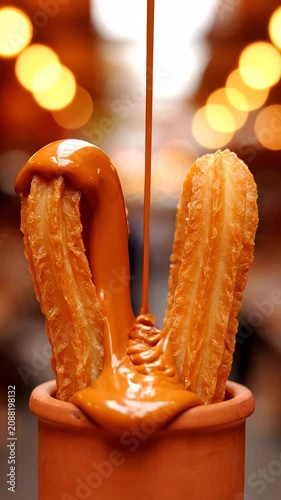 Churros being drizzled with chocolate sauce in a cup indoors