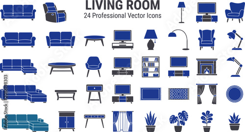 Photography Living Room Furniture Line Icons Set – Modern Home Interior Sofa, Chair, TV, Lam