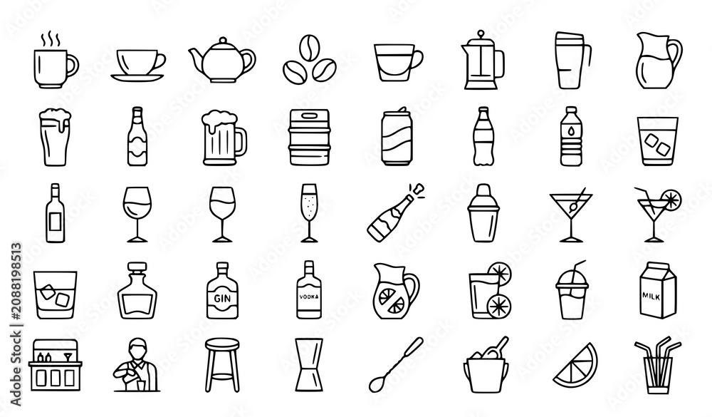 Naklejka premium Beverage icons set coffee tea alcohol milk and drinkware line art