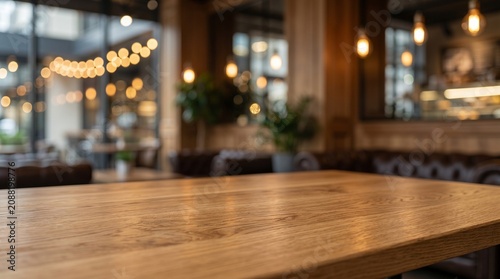 Detailed view of an empty wooden tabletop with a warm, softly blurred cafe interior and glowing string lights in the background.
