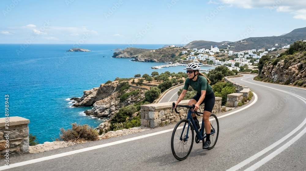 Fototapeta premium Cyclist riding a road bike along a scenic coastal highway overlooking the Mediterranean sea.