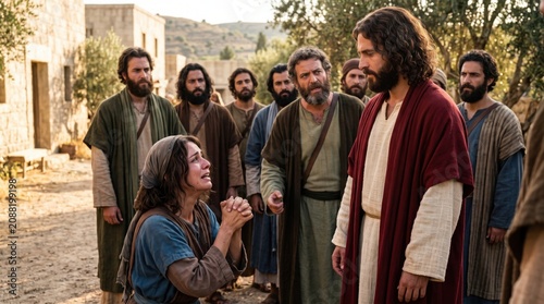 Canaanite woman kneeling and pleading to Jesus for her daughter miracle healing. Biblical historical scene from Gospel of Matthew. Jesus Christ with disciples in ancient Middle East city.