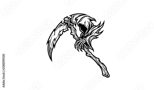Schilderij op canvas Grim reaper illustration with scythe black and white line art