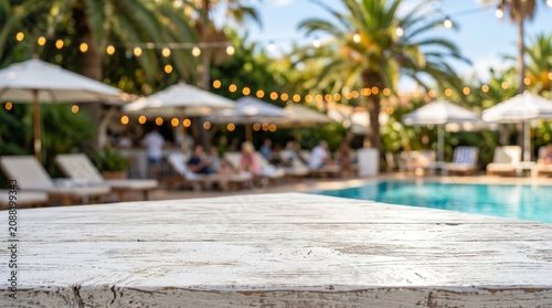 A weathered white wooden tabletop in focus, with a blurred tropical resort background featuring a pool, palm trees, umbrellas, and string lights.