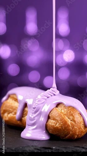 Purple frosting drips over two cream puffs on a dark surface with a blurred purple background.