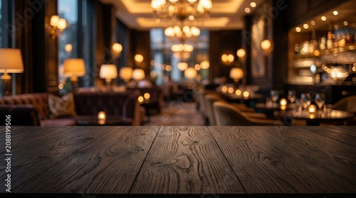 Dark textured wooden table top in the foreground with a soft bokeh background of a luxury restaurant interior with warm lighting and chandeliers.