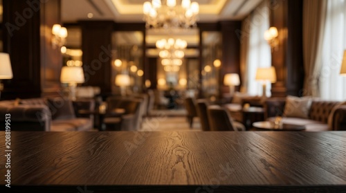 A dark wooden tabletop in the foreground with a blurred view of a luxurious, elegantly lit hotel lounge or restaurant interior in the background.