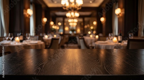 Close-up of an empty dark wooden table in a high-end, blurred restaurant setting with warm ambient lighting and elegant decor.