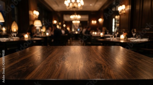 A close-up of a polished dark wood tabletop set against the blurred background of an elegant, dimly lit restaurant with warm chandeliers and diners.