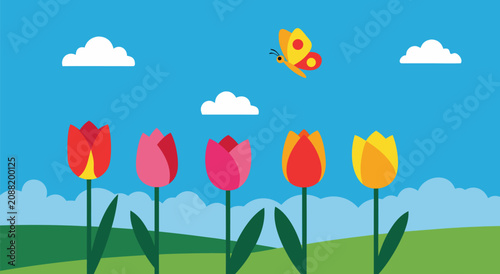 Bild auf Leinwand Colorful spring tulip field vector illustration featuring a butterfly in a sunny