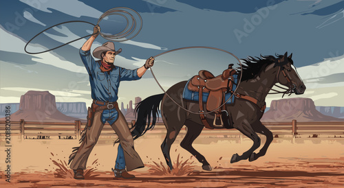 Foto Western Cowboy Lassoing Horse Vector Illustration Design With Rugged Desert Land