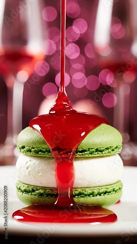 A green macaron dessert is being drizzled with red sauce on a plate with wine glasses.
