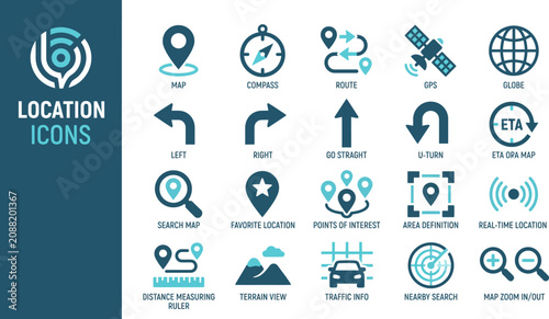 Location & Navigation Icons Set – GPS, Map Pin, Compass, Route, Traffic & Geolocation Vector Collection