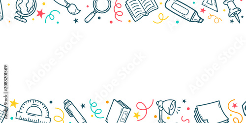 Schilderij op canvas Fond festif de rentrée scolaire avec pictogrammes d’école, étoiles et serpentins en bordure, laissant un grand espace central pour ajouter un titre, un texte ou un message