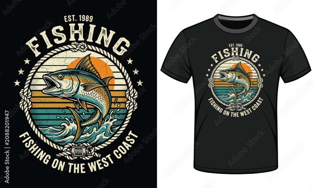 Fototapeta premium Fishing on west coast vintage tuna fish jumping from ocean waves retro rope frame t-shirt design illustration for saltwater angling sports and coastal apparel graphic collection.