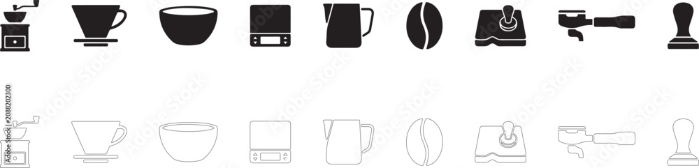 Fototapeta premium Coffee brewing equipment set vector icon filled and outline, barista accessories symbols.