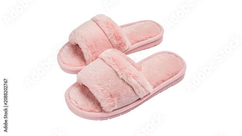 Cuadro en lienzo Pair of soft pink plush slippers cozy home footwear isolated on transparent back