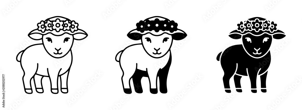 Obraz premium Cute Lamb Icons, Black and White Sheep Vector Graphics, Floral Headwear Animal Illustrations