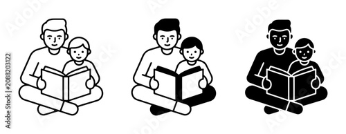 Father and Son Reading Together, Family Bonding, Literacy Education, Simple Line Art Icons