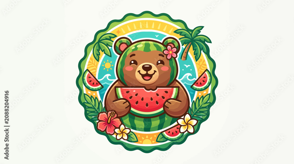 Fototapeta premium Bear eating watermelon slice summer.