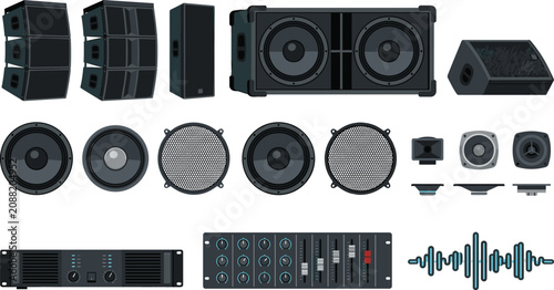 Cuadro en lienzo Professional Audio Speaker and Sound System Vector Icon Set with Subwoofers Stag