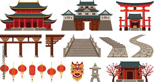 Obraz na płótnie Traditional Asian Architecture and Landmark Vector Element Set with Pagodas Tori