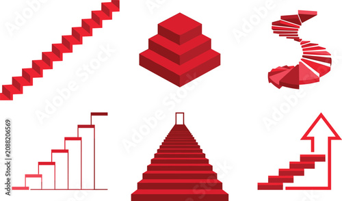 Red Staircase Vector Icon Set with Spiral Stairs Ladder Steps and Arrows Representing Growth Success and Business Achievement