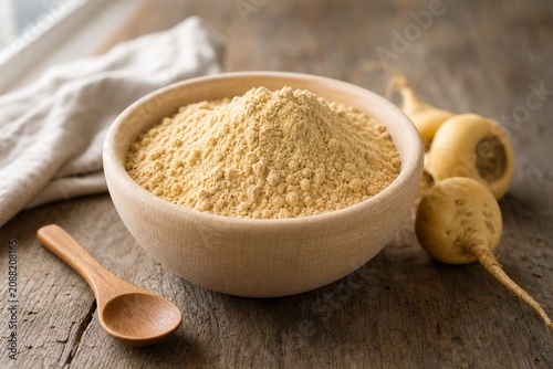 A shallow wooden bowl filled with fine pale yellow maca powder and a spoon.